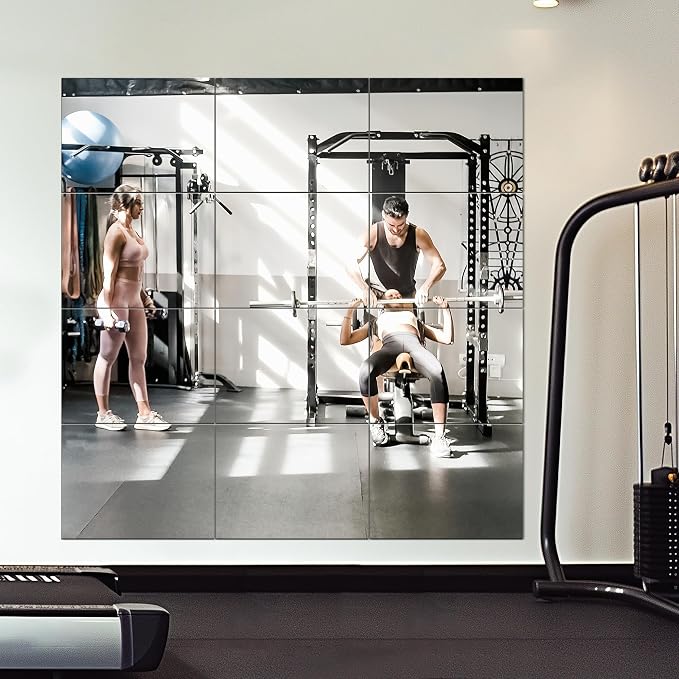 Delma Frameless Mirror Tiles 16"x12"x12 Pcs Wall Mounted, Shatter Resistant Full Length Tempered Glass Panels for Home Gym Bathroom Bedroom & Living Room Decor