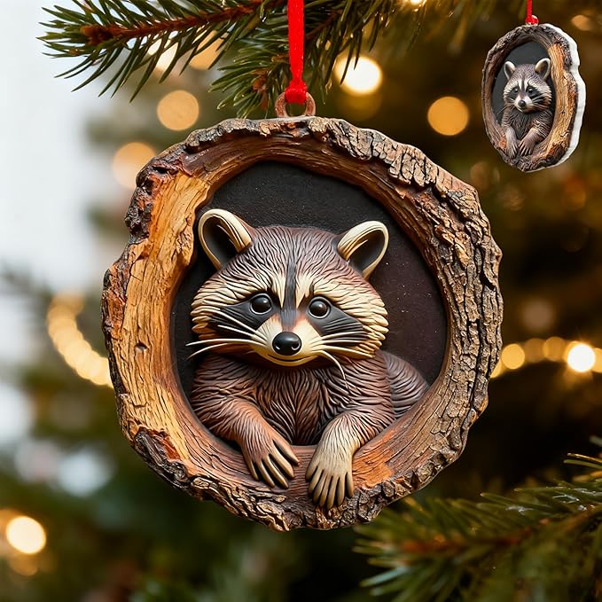 Forest Animal Christmas Ornaments, Funny Forest Animal Ornaments for Christmas Tree,3D Resin Ornaments Hanging for Animal Lover&Easter Basket Stuffers(Raccoon)