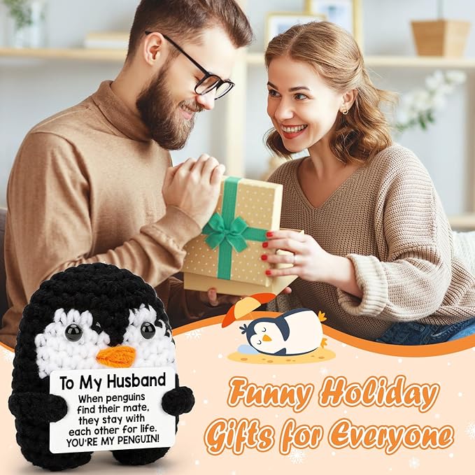 Birthday Gifts for Him Husband from Wife, To My Husband Funny Gifts Handmade Crochet Mini Funny Penguin, Romantic Wedding Anniversary Valentine Gift for Men, Small Cute Love Sign Decor Easter