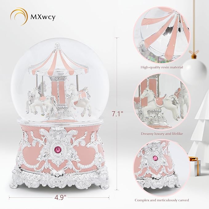 Carousel Music Box Silver Pink Christmas Snow Globes, 7.1" Glass Rotate Carousel Snow Globe for Kids & Adults, Classic Wind up Musical Snow Globe Valentines Day Gifts, Carousel Horse Home Decor