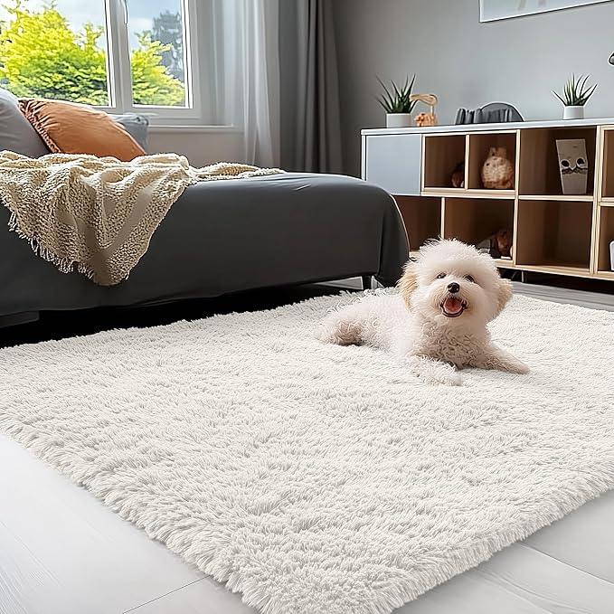 OLANLY 4x4 Machine Washable Accent Rug, Soft Fluffy Shaggy Area Rug for Bedroom, Living Room, Indoor Floor Carpet for Kids, Nursery, Home Decor, Ivory