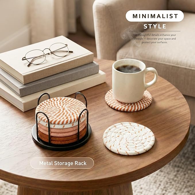 Lazebox Coasters Set of 8 for Drinks, 4 Inch Large Coasters for Coffee Table, Tabletop Protection for Hot & Cold Drinks, Versatile Coasters for Home Decor, Non-Slip & Easy to Clean, Orange
