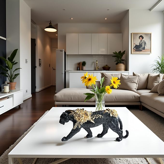 Cheetah Statue Black Gold Leopard Sculpture Home Decor Leopard Sculpture Resin Handmade Sitting Suitable for Living Room Table Center Bedroom Gift for Woman Father