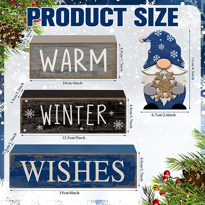 Lineshading 4 Pcs Winter Table Decorations Wooden Gnome Decor Winter Tiered Tray Decor Christmas Centerpiece Rustic Decorative Gnome Snowflake Block Sign Gift Farmhouse Xmas Signs for Home Kitchen
