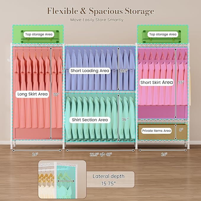 Coat Rack Clothes Wardrobe：Closet Organizer and Storage Clothing Garment Rack with Shelves Heavy Duty for Hanging Clothes Portable Adjustable White 15.8" DX69 WX76.5 H