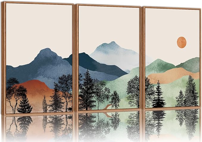 SIGNINART Boho Mountain Framed Canvas Wall Art Set of 3, Watercolor Nature Landscape Art Prints, Modern Sunrise Art Paintings, Green Forest Wall Decor for Living Room, Bedroom, Office 24"x36"x3