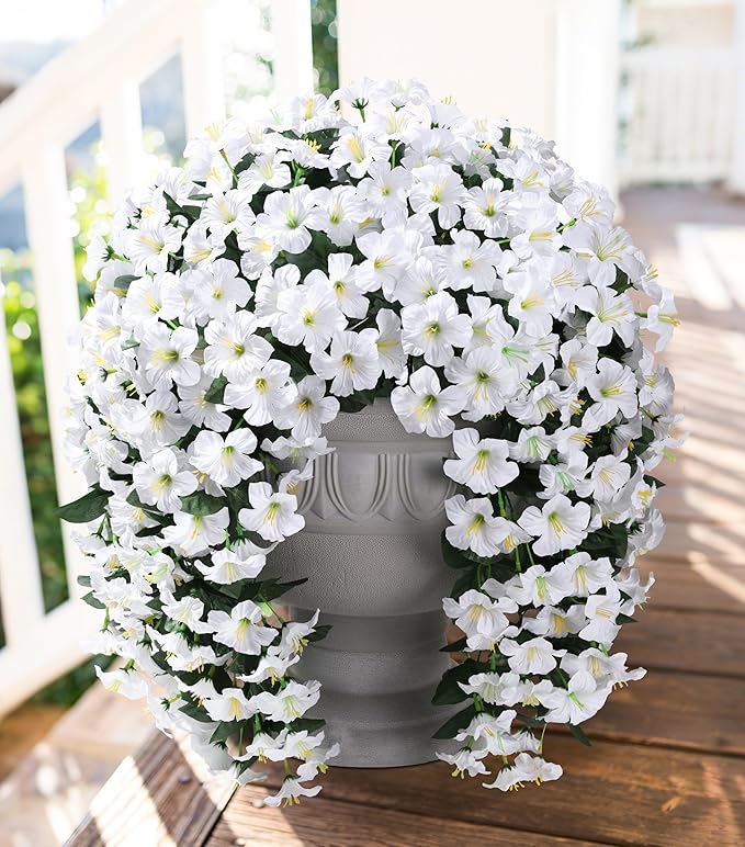 HyeFlora Artificial Flowers for Outdoors, 2pcs Faux Hanging Morning Glory Silk Fake Flowers Lifelike Artificial Plants UV Resistant Flowers for Outside Planter Patio Garden Porch Decor (White)