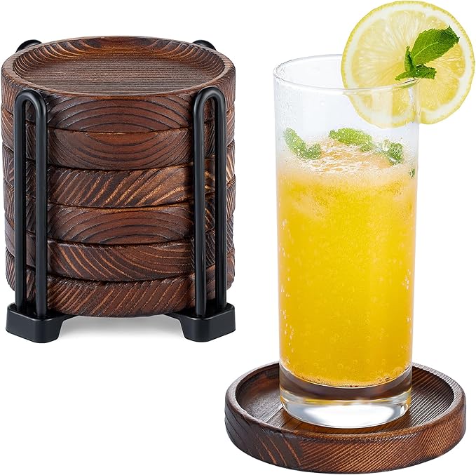 6Pcs Wooden Coasters for Drink-Acacia Wood Drink Coasters Set with Holder for Coffee Table Decor,Modern Cup Coaster for Kitchen Accessories Cute Beer Bar Decorative Rustic Outdoor Coasters