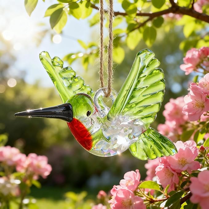 Hummingbird Stained Glass Ornaments Hand Blown Glass Bird Animal Collectible Decorative Hanging Hummingbird Suncatcher for Tree Window Garden