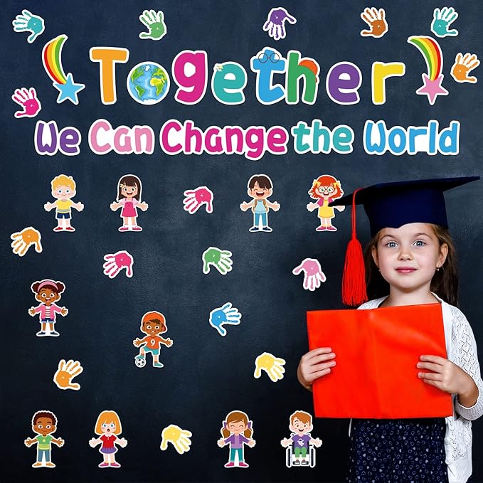 Together We Can Change The World Classroom Bulletin Board Set Decorations Back to School Bulletin Board Hands with Hearts Diverse Children Cutouts for Kids and Teacher Classroom School Supplies Decor