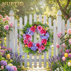 NUPTIO Summer Wreath for Front Door: 24 Inch Spring Wreaths with Hydrangea Lavender Lilac Dahlia Gerbera Hanger - Outdoor Indoor Realistic Artificial Flowers Holiday Decor for Wall Window Porch