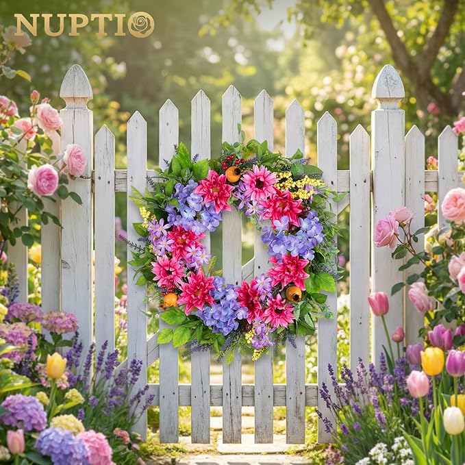 NUPTIO Summer Wreath for Front Door: 24 Inch Spring Wreaths with Hydrangea Lavender Lilac Dahlia Gerbera Hanger - Outdoor Indoor Realistic Artificial Flowers Holiday Decor for Wall Window Porch