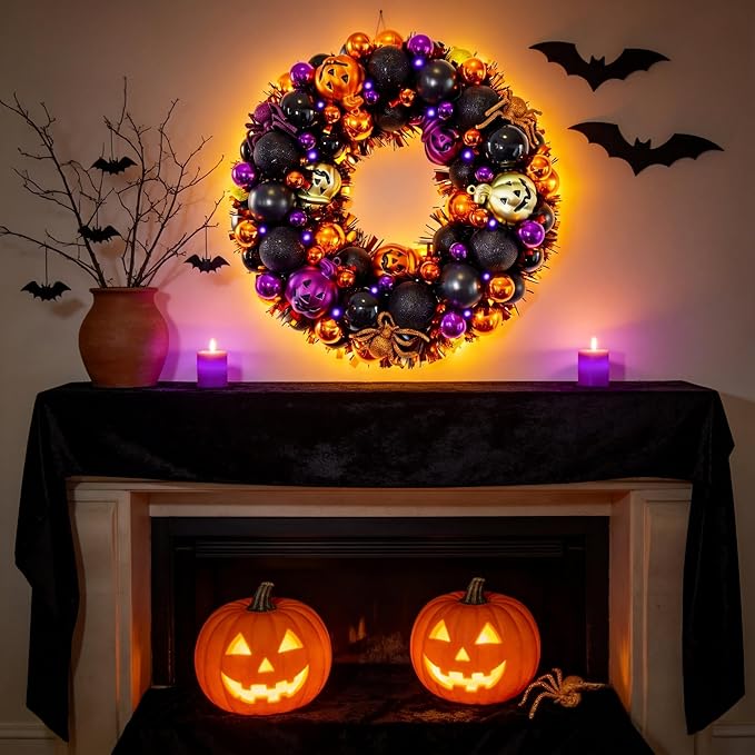 HipTree 13.8 Inch Halloween Ball Wreath for Front Door with Lights, Lighted Cute Treat-or-Trick Door Wreath Ball Ornament for Halloween Indoor Decorations Centerpiece Party Holiday Wall Home Decor