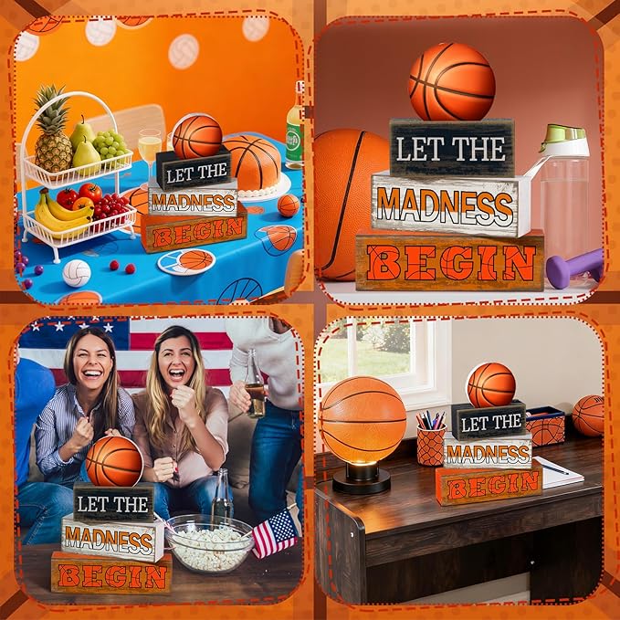 Yuntau 4 Pcs Basketball Table Decorations 2026 Sport Tiered Tray Decor Ball Wooden Sign Blocks Basketball Room Decor Farmhouse Centerpieces for Home Shelf Locker Bedroom Senior Night Party Gifts