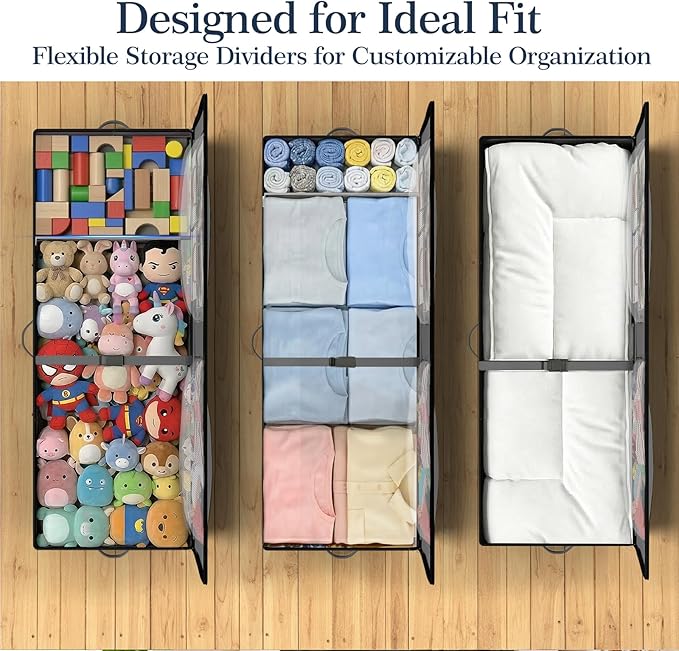 GoMaihe Under Bed Storage with Wheels: 70L Rolling Bins for Wrapping Paper Storage, Toys, Clothes - Includes Mesh Bag & Adjustable Dividers, Metal Frame Easy Pull-out Grey 1-Pack