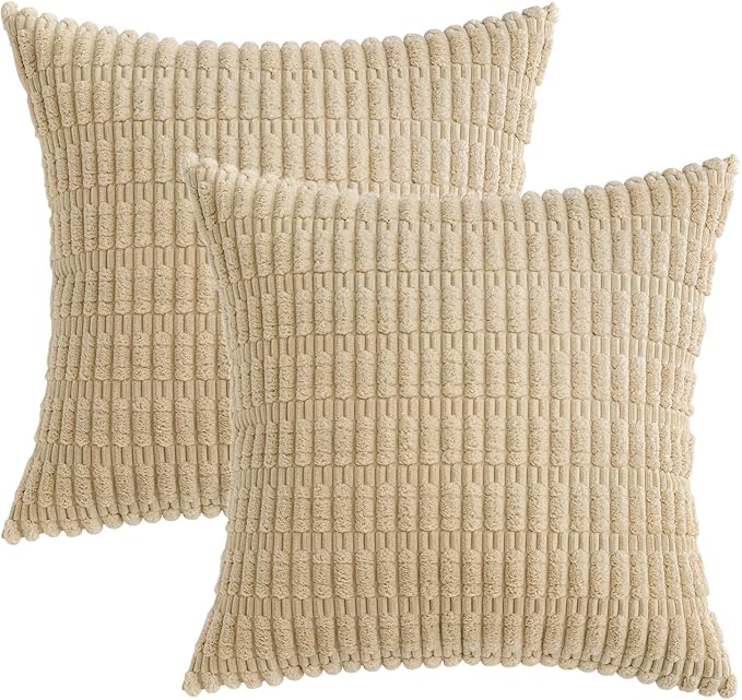 MIULEE Pack of 2 Corduroy Decorative Throw Pillow Covers 20x20 Inch Soft Boho Striped Pillow Covers Modern Farmhouse Home Decor for Sofa Living Room Couch Bed Tan