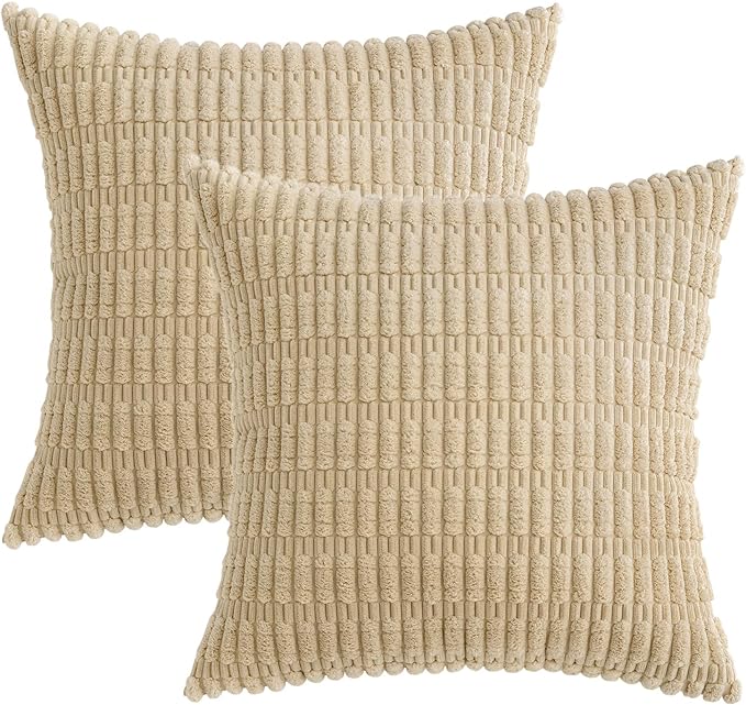MIULEE Pack of 2 Corduroy Decorative Throw Pillow Covers 18x18 Inch Soft Boho Striped Pillow Covers Modern Farmhouse Home Decor for Sofa Living Room Couch Bed Tan