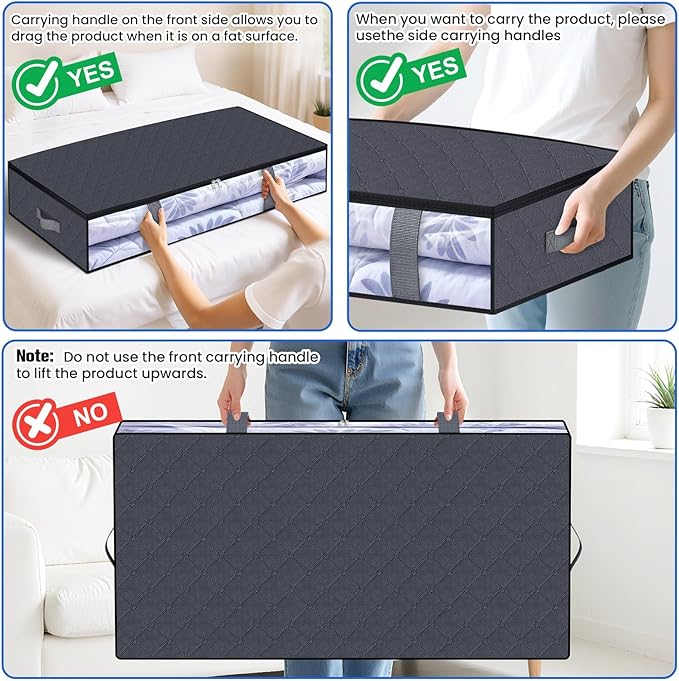 Under Bed Storage Containers, 4 Pack Blanket Storage Bags, Collapsible Storage Bags with Big Zippers, Clear Front, Shoe Storage and Organization for Clothes, Comforter, 90L, Grey