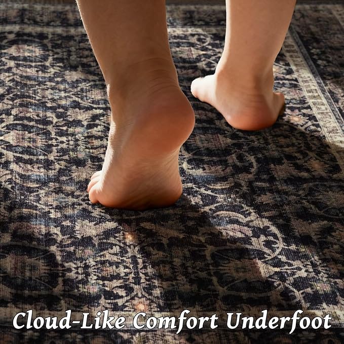 Washable 10x14 Area Rugs for Living Room, Boho Non-Slip Vintage Distress Large Rugs for Bedroom Dining Room Office, 0.3" Neutral Oriental Throw Thin Carpet, Black/Brown/Blue/Multi