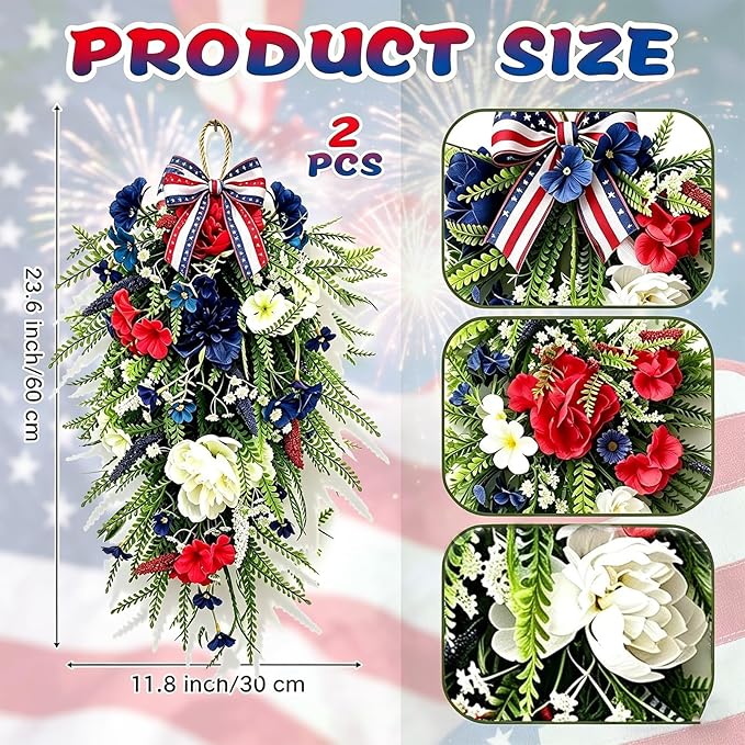 2 Pack 21'' Patriotic 4th of July Teardrop Swag Wreaths Independence Day Patriotic Floral Swag with Artificial Flowers and Fern Leaves Hanging Wreath for Double Front Doors Porch Window Wall Farmhouse