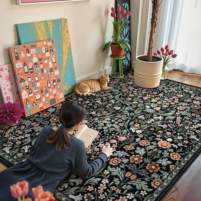 Moynesa Floral 5x7 Living Room Area Rug, Soft Washable Rugs for Bedroom, Non Slip Ultra Thin Boho Rug Botanical Stain Resistant Floor Carpet for Dining Room Home Office, Black