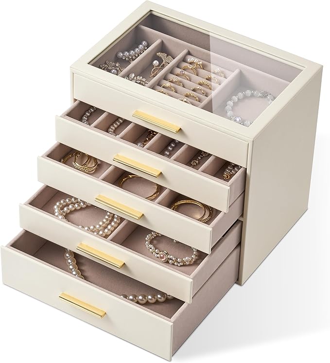pickpiff Jewelry Box Organizer Case for Women: 5-Layer Jewelry Storage Case with Glass Window, Ivory Leather with Pink Velvet, Holder for Ring Necklace Bracelet Brooch Watch, Great Gift for Her
