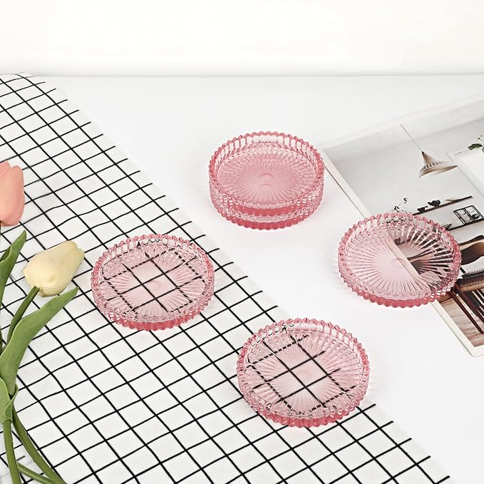 Modern Clear Coaster Set of 5- Glass Coasters for Drinks Crystal Coasters Round Cup Coaster Coffee Table Decor for Office, Kitchen, Bar, Dining Room, Living Room, Patio(Clear Pink)