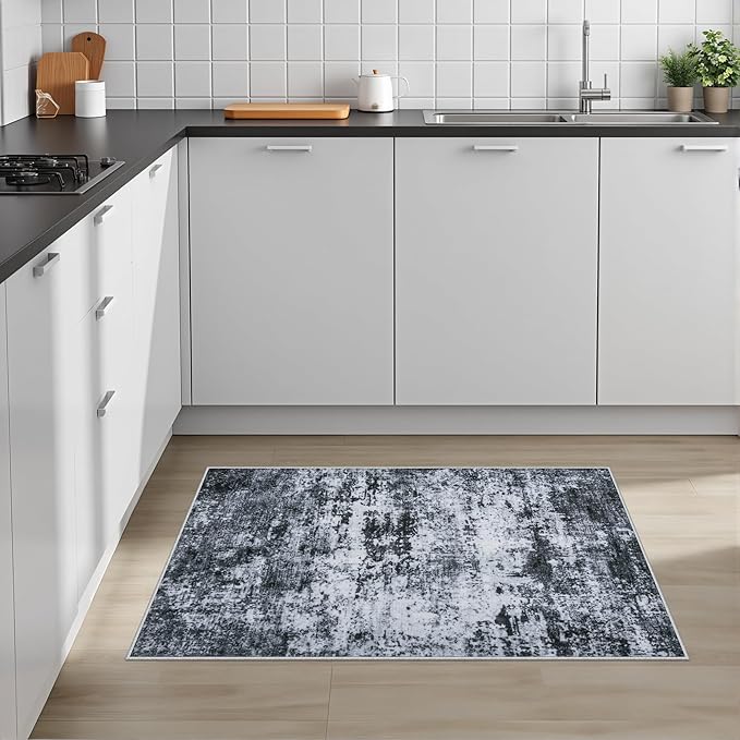 Washable Area Rug 2x3 Entryway Rug: Washable Modern Abstract Soft Thin Rug Indoor Floor No Slip Stain Resistant Carpet for Bedroom Dining Room Farmhouse Nursery Home Office - Black