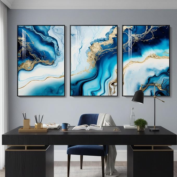 Large Framed Modern Elegant Abstract Wall Art for Living Room, 3 Piece Contemporary Blue and Gold Bright Prints Paintings Artwork for Walls, Luxury Pictures for Hallway Home Office Wall Decor 24x36 In