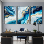 Large Framed Modern Elegant Abstract Wall Art for Living Room, 3 Piece Contemporary Blue and Gold Bright Prints Paintings Artwork for Walls, Luxury Pictures for Hallway Home Office Wall Decor 24x36 In