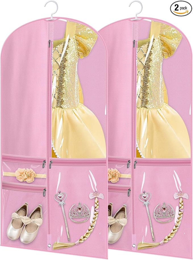 KIMBORA Costume Dance Garment Bag with 3 Clear Zipper Pockets for Suits Dress Cover, Travel Storage & Competitions, Set of 2 (Pink)