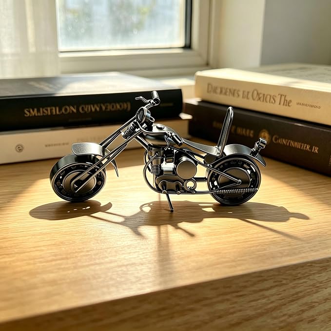 TRANSGOOD Handmade Motorcycle Model with Rolling Wheels, 9" Vintage Steampunk Bike Sculpture, Heavy-Duty Iron Desk Decor, Unique Biker Gift for Dad Husband, Industrial Man Cave Office Home Art (B02)