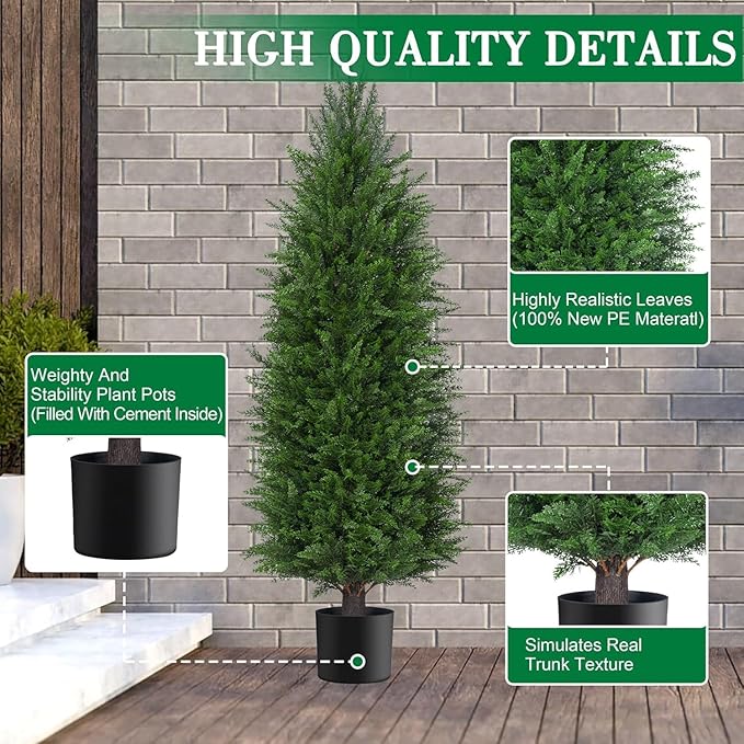 6FT Artificial Topiary Cedar Plants Outdoor, Faux Pine Trees UV Resistant and Potted, 72 Inch Tall Fake Shrubs Evergreen for Front Porch Decor Set of 2
