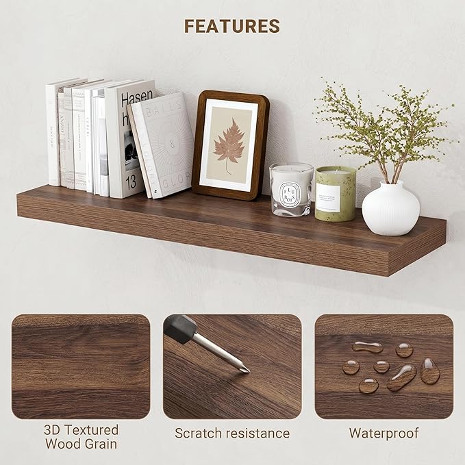 Acovy 36 Inch Floating Shelves, 36"x9.25"x1.5" Inch Deep Floating Shelves for Wall, Wooden Shelves for Bathroom, Bedroom, Living Room, Walnut, 2 Pieces