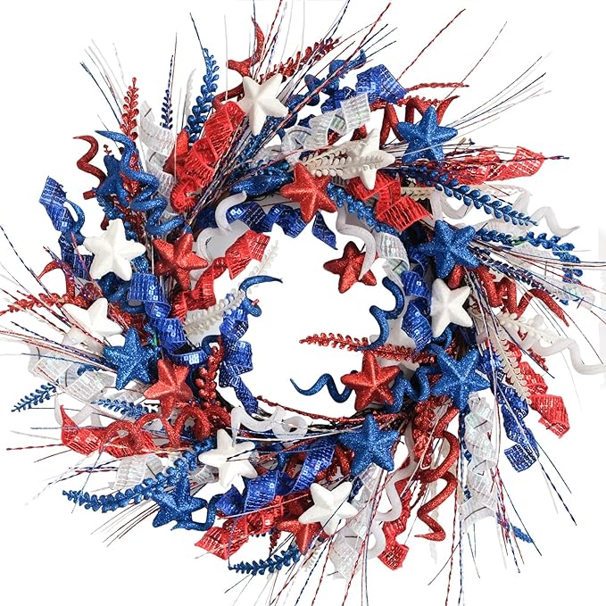 22-Inch Artificial 4th of July Wreath for Front Door - A Patriotic Masterpiece with Glitter Red White Blue Stars Tassels for Memorial Day Independence Day Indoor Outdoor Decor