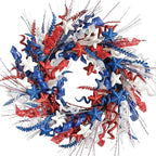22-Inch Artificial 4th of July Wreath for Front Door - A Patriotic Masterpiece with Glitter Red White Blue Stars Tassels for Memorial Day Independence Day Indoor Outdoor Decor