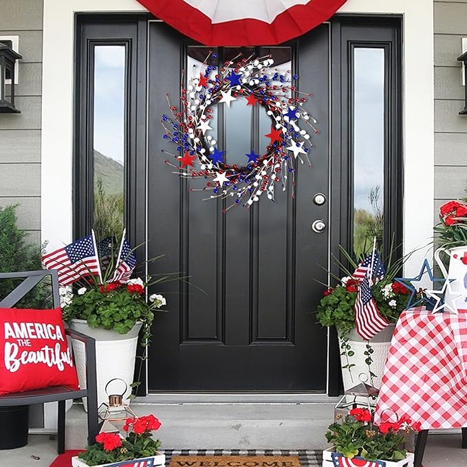 Patriotic Wreaths for Front Door with Lights, 20inch 4th of July Wreaths Red White and Blue Berry Star Summer American Flag Wreath for Independence Day Flag Day Memorial Day Window Wall Decor