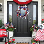 Patriotic Wreaths for Front Door with Lights, 20inch 4th of July Wreaths Red White and Blue Berry Star Summer American Flag Wreath for Independence Day Flag Day Memorial Day Window Wall Decor