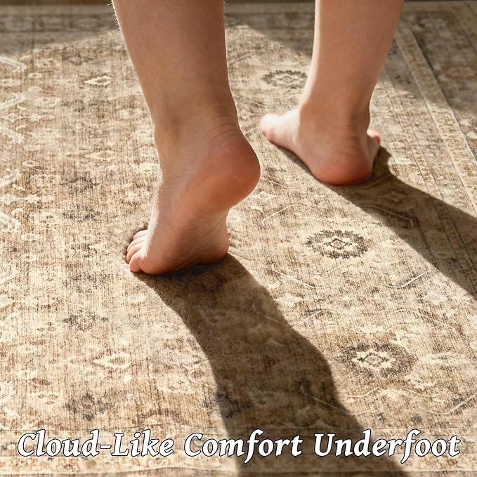 Washable 9x12 Area Rugs for Living Room, Boho Non-Slip Vintage Distress Lager Rugs for Bedroom Dining Room Nursery Office, 0.3" Neutral Oriental Throw Thin Carpet, Brown/White/Multi