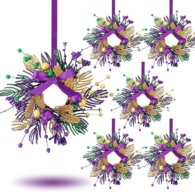 6 PCS Mardi Gras Purple and Green Glitter Mini Cabinet Wreaths for Front Door Carnival Party Decor Wreath Mardi Gras Hanging Garlands Candle Rings for Front Door Home Window Chair Wall Indoor Outdoor