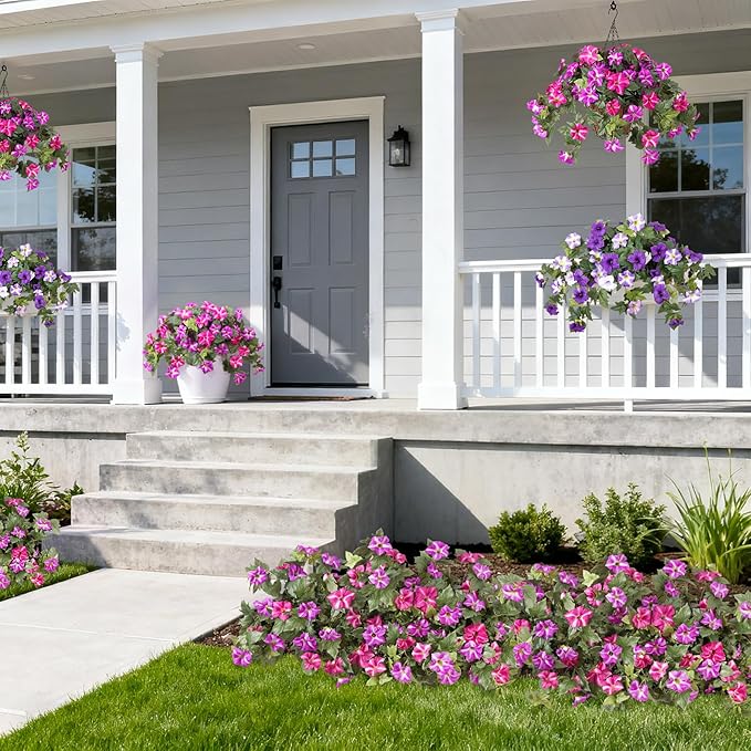 4 Pcs Artificial Fake Petunia Flowers for Outdoor Decoration, Faux Silk Petunias Flower for Spring UV Resistant Realistic Plants for Garden Balcony Yard Porch Indoor Decor(Fuchsia Lotus)
