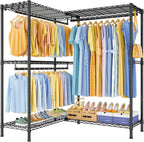E15 Pro Garment Rack L Shaped Clothes Rack for Corner，Freestanding Clothing Racks for Hanging Clothes，Heavy Duty Closet System with 4 Hanging Rods & 8 S Hooks，48.8"W x 15.8"D x 78.4"H，Black