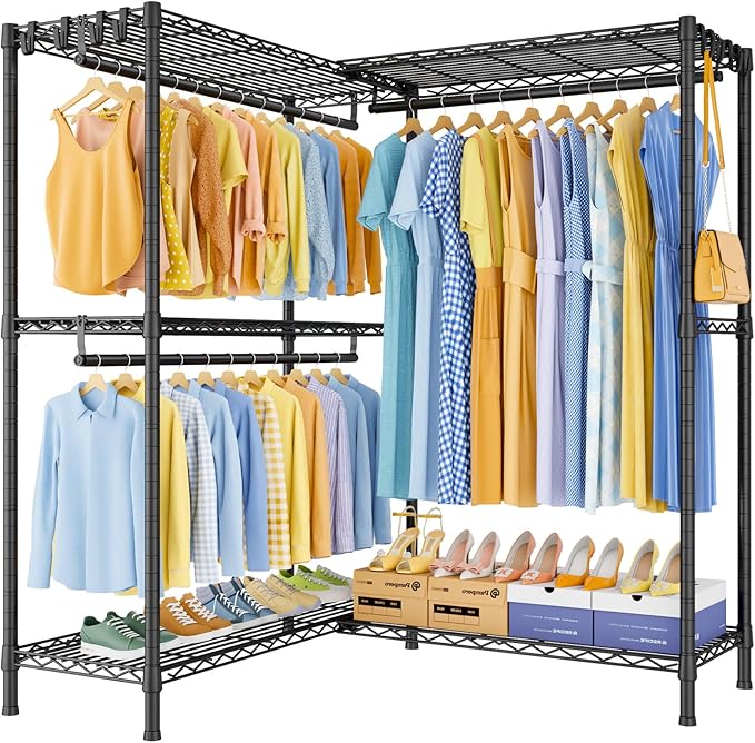 E15 Pro Garment Rack L Shaped Clothes Rack for Corner，Freestanding Clothing Racks for Hanging Clothes，Heavy Duty Closet System with 4 Hanging Rods & 8 S Hooks，48.8"W x 15.8"D x 78.4"H，Black