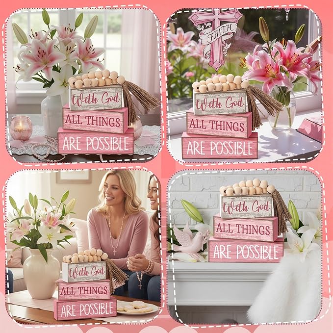 Lineshading 4 Pcs Christian Table Decor Pink Rustic Wooden Block Sign Set with God All Things are Possible Farmhouse Stacked Decor with Beaded Garland Tassel Christian Home Decors for Office, Shelf