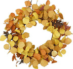 AMF0RESJ Artificial Fall Wreath for Front Door Autumn Eucalyptus Wreath with Orange Eucalyptus Leaves,Woodern Oak Leaves for Farmhouse Indoor Outdoor Window Wall Door Home Decor,Gift Box Included