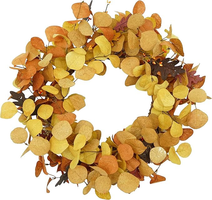 AMF0RESJ Artificial Fall Wreath for Front Door Autumn Eucalyptus Wreath with Orange Eucalyptus Leaves,Woodern Oak Leaves for Farmhouse Indoor Outdoor Window Wall Door Home Decor,Gift Box Included