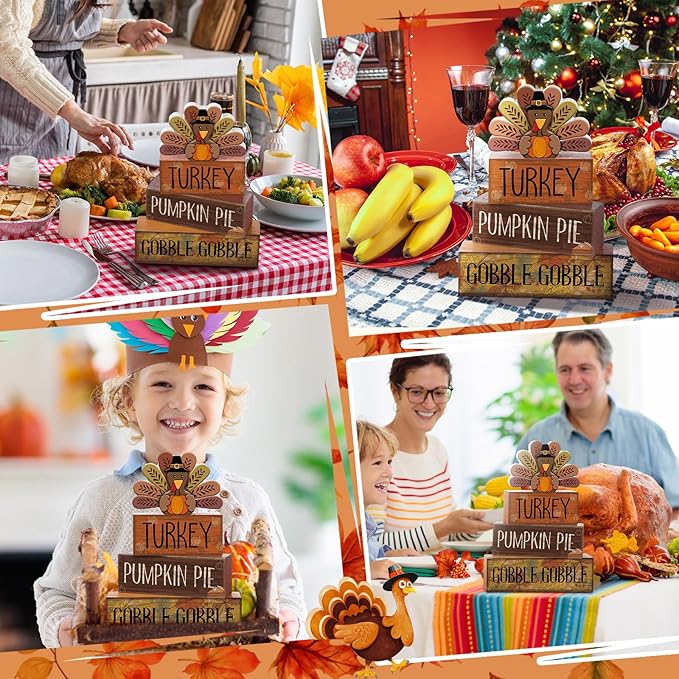 Lineshading 4 Pcs Thanksgiving Decorations for Home Wooden Turkey Decor Fall Tiered Tray Decor Thanksgiving Table Centerpiece Rustic Wooden Turkey Block Sign for Autumn Harvest Party Kitchen Shelf
