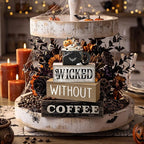 Lineshading 4 Pcs Halloween Coffee Table Decorations Wicked Wooden Stacked Sign Decor Rustic Halloween Tiered Tray Decor Decorative Pumpkin Ghost Hot Cocoa Centerpiece for Home Kitchen Coffee Bar
