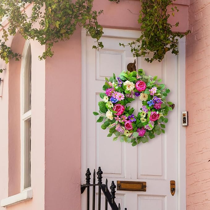 Spring Wreaths for Front Door Outside 24 Inch Spring Door Wreath with Pink Peony,Rose and Blue Hydrangeas, Handmade Silk Summer Wreaths for Front Door Home Wall Window Proch Seasonal Decor