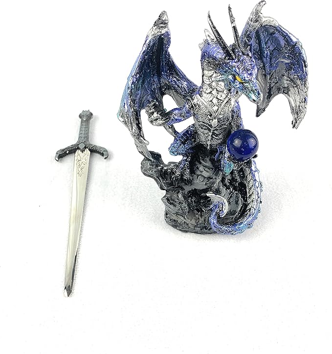 Ain’t It Nice Dragon Statue with Medieval Dragon Sword and Crystal Ball Collectible Dragon Figurine Fantasy Medieval Dragon Décor, Blue 4(L) 2(W) 7(H) inches